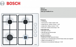 PBP6B2B80 = BOSCH  = 4 Feux Gaz  Dessus émail Blanc (SIRAM électroménager)